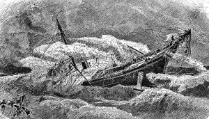 An engraving of the sinking of the USS Huron.