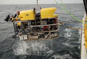 The Kraken II ROV being lifted from the ocean.