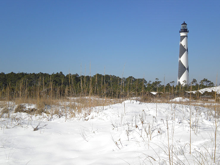 Cape Lookout Lighthouse in snow