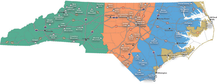 A map of North Carolina denoting state parks.