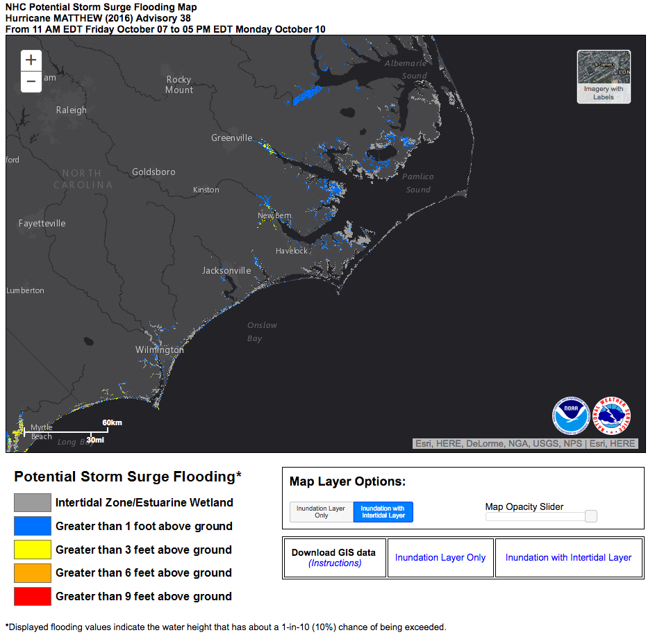National Hurricane Center potential storm surge flooding map for Hurricane Matthew from 11 a.m. on Oct. 7 to 5 p.m. on Oct. 10.