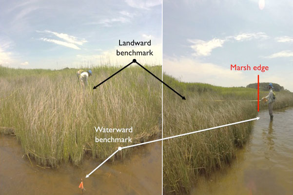 Two photos showing location of landward and shoreward markers
