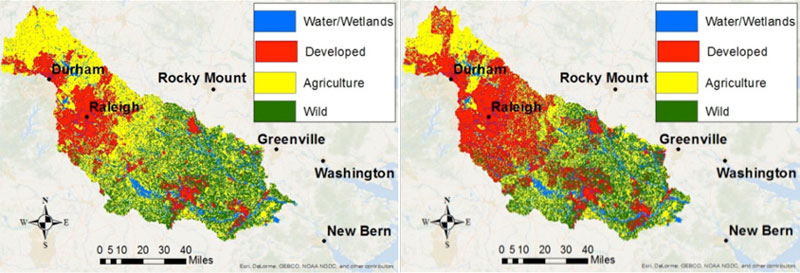 Maps that show change in water/wetlands, developed, agricultural and wild areas in the Neuse River Basin in 1992 and 2012