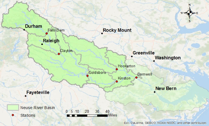 Map of Neuse River Basin with six locations highlighted — Falls Dam, Clayton, Goldboro, Hookerton, Kinston and Barnwell.