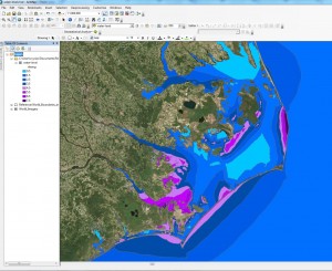 Screen-shot of the visualization (in ArcMap) of maximum water levels (in feet) along the NC coast predicted by ADCIRC based on NHC Advisory 12 for Hurricane Arthur.