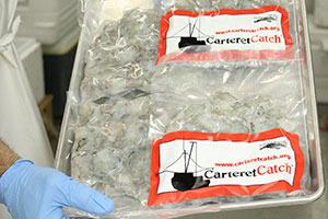 Frozen shrimp on pouches with Carteret Catch label