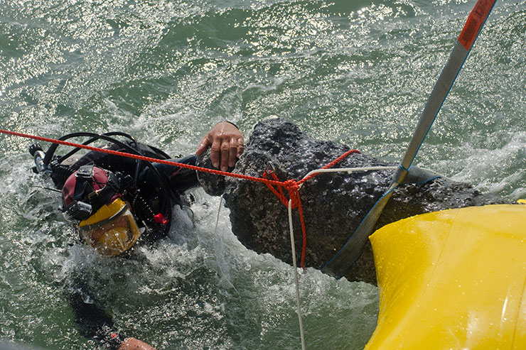 A diver in the water steadies a canon as it leaves the water.