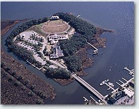 An aerial image of Roanoke Island and water surrounding it.