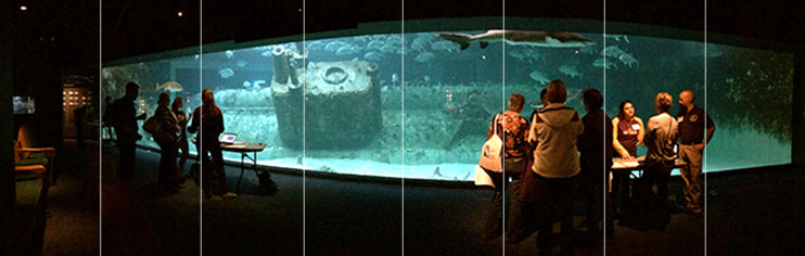 People talk in front of a large tank at the N.C. Aquarium at Pine Knoll Shores.