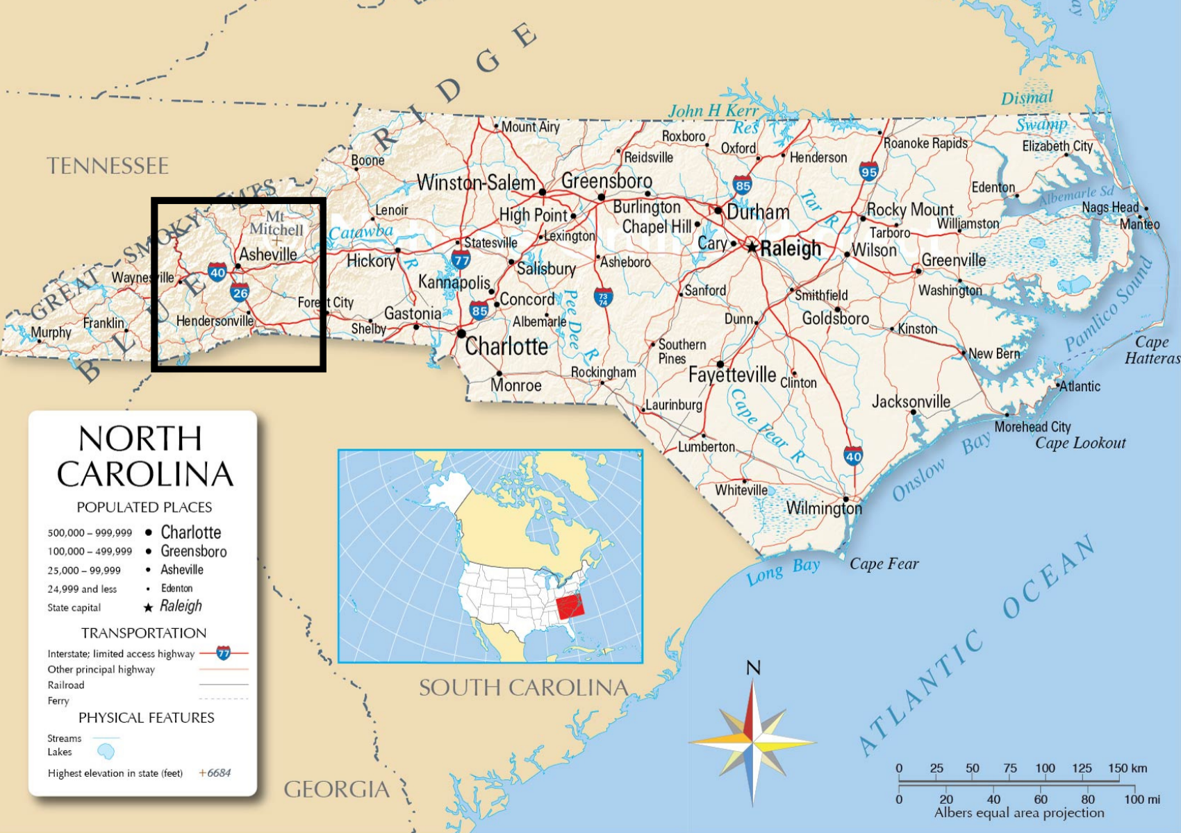 A map of North Carolina, with Hendersonville highlighted