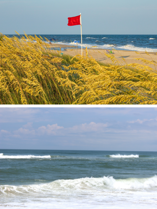 Top: Red flags signal no swimming because of hazardous surf conditions. Photo: Robert Alford/Shutterstock. Bottom: Signs of a rip current include a narrow gap of darker, seemingly calmer water between areas of breaking waves and whitewater. Photo: NOAA