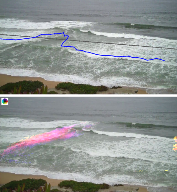 Examples of virtual overlays delineating a rip current. Photos: Courtesy of Alex Pang/UC Santa Cruz
