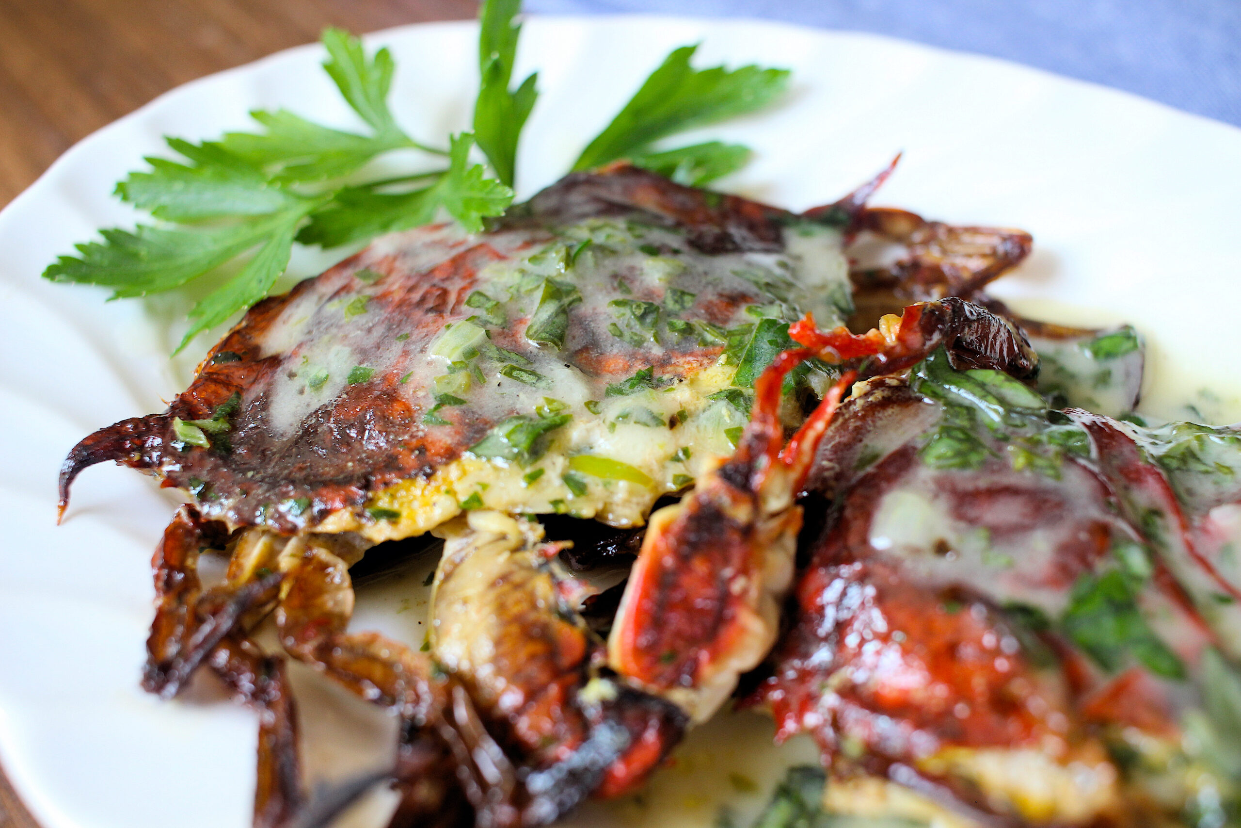 image: Broiled Soft Crabs with Basil-Butter Sauce.