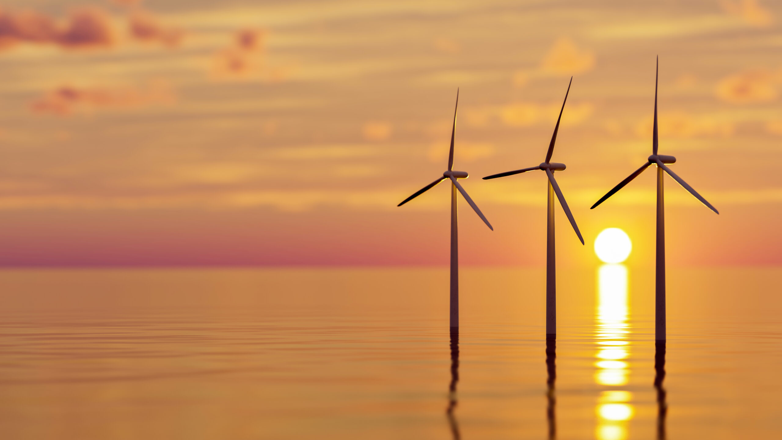 image: offshore wind turbines in front of a sunset.