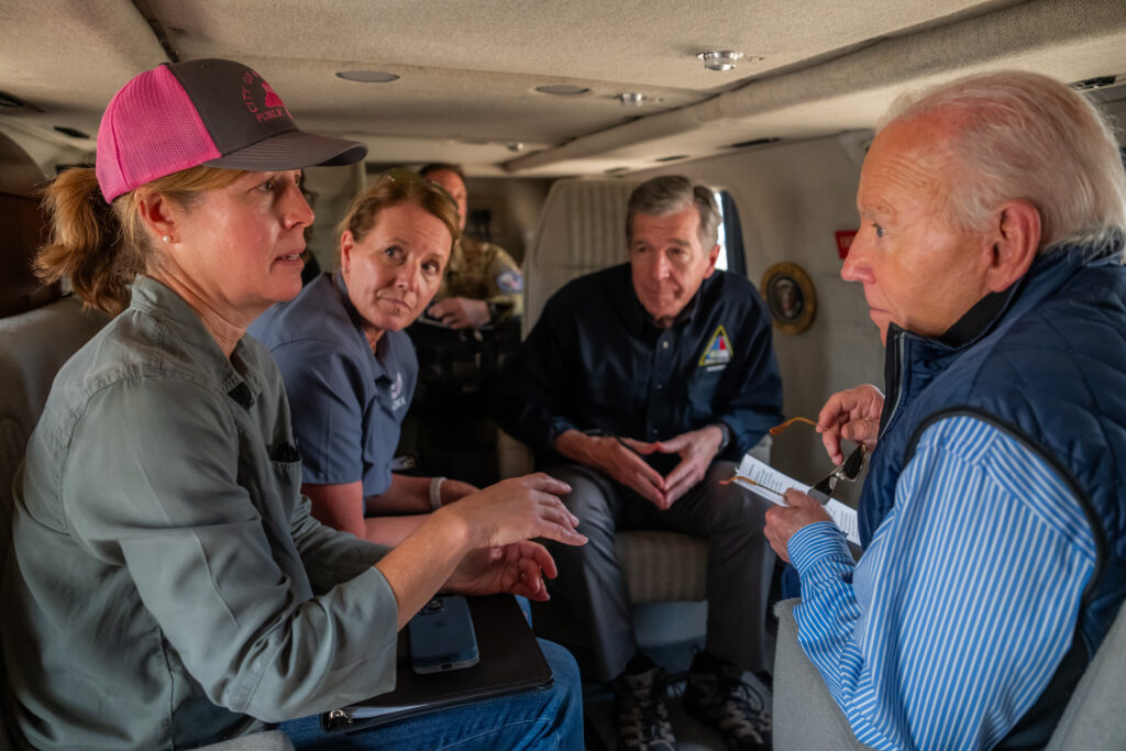 image: President Joe Biden, Governor Roy Cooper, Asheville Mayor Esther Manheimer, FEMA Director Deanne Criswell