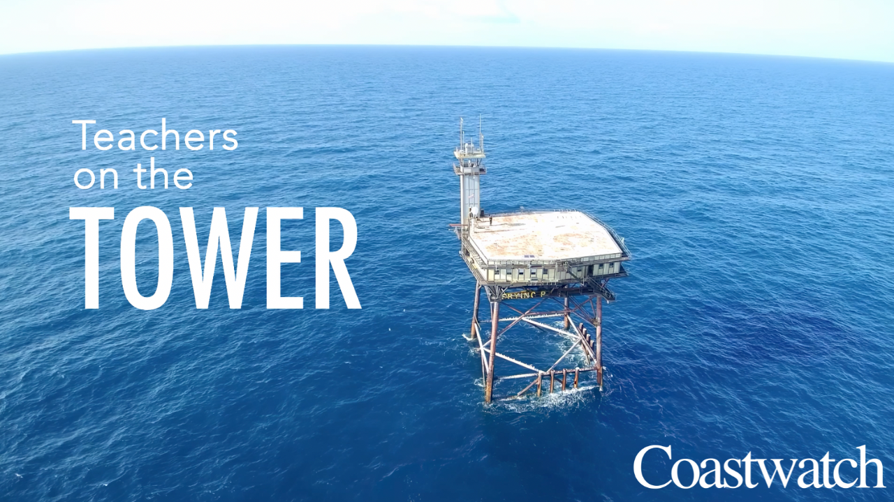 drone image of the Frying Pan Tower in the Atlantic Ocean