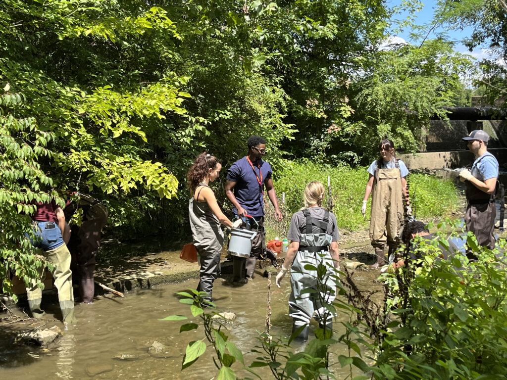 image: Austin Gray with students conducting fieldwork at a creek.