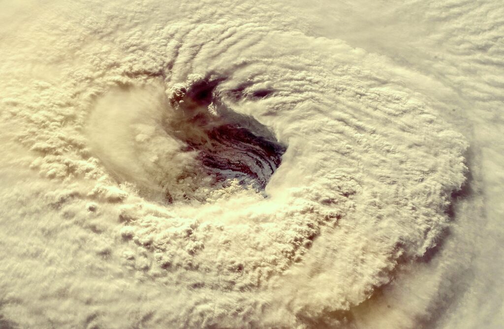 image: Hurricane Florence over the Atlantics close to the US coast . Gaping eye of a category 4 hurricane. Elements of this image furnished by NASA.