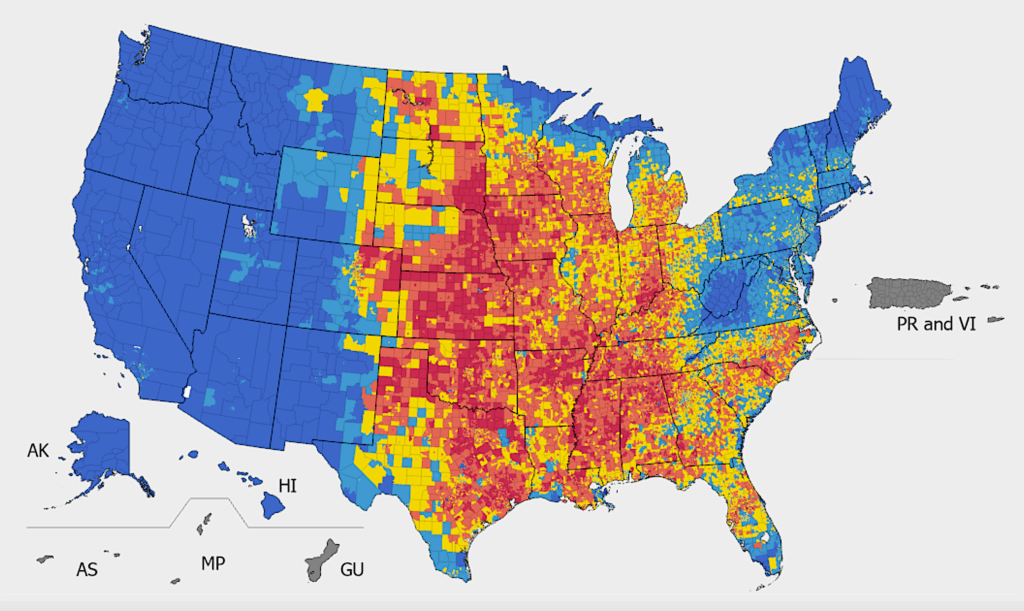 map: tornado risk by area.