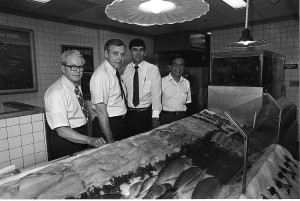 Early seafood technology researchers included, from left, Frank Thomas, the late Donald Hamann, Tyre Lanier and Allen Chao. Courtesy Allen Weiss