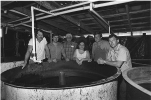 Aquaculture researchers included, from left, Ronald Hodson, Ed Noga, Mel Huish, Margie Gallagher, Howard Kerby and Randy Roush. Courtesy Allen Weiss
