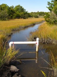 Antenna unit made out of PVC pipe monitors fish in AV Creek.