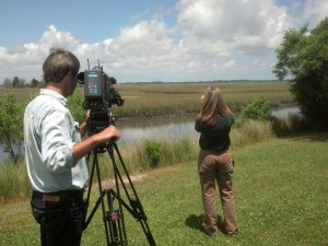Filming in a marsh.