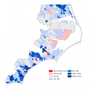 Map showing change in block groups in North Carolina's coastal counties