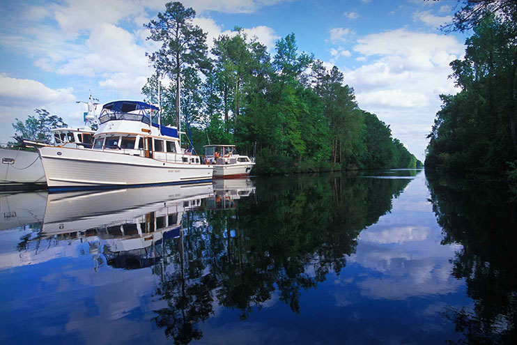 A boat sits in the Dismal Swamp Canal.