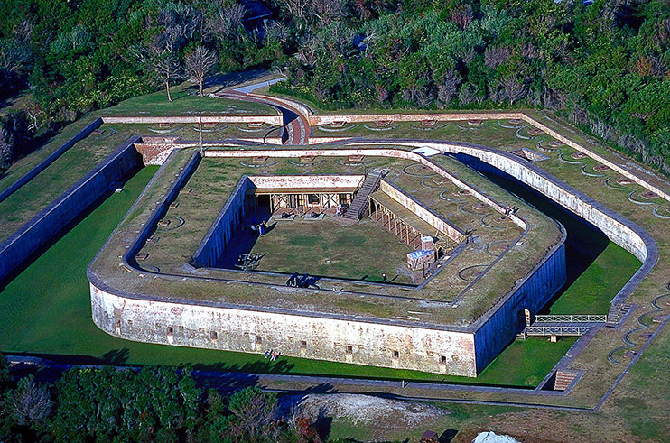 An aerial shot of Fort Macon.