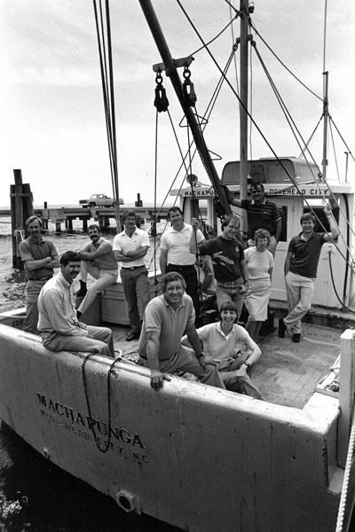 Sea Grant staff from the mid-80s on a boat