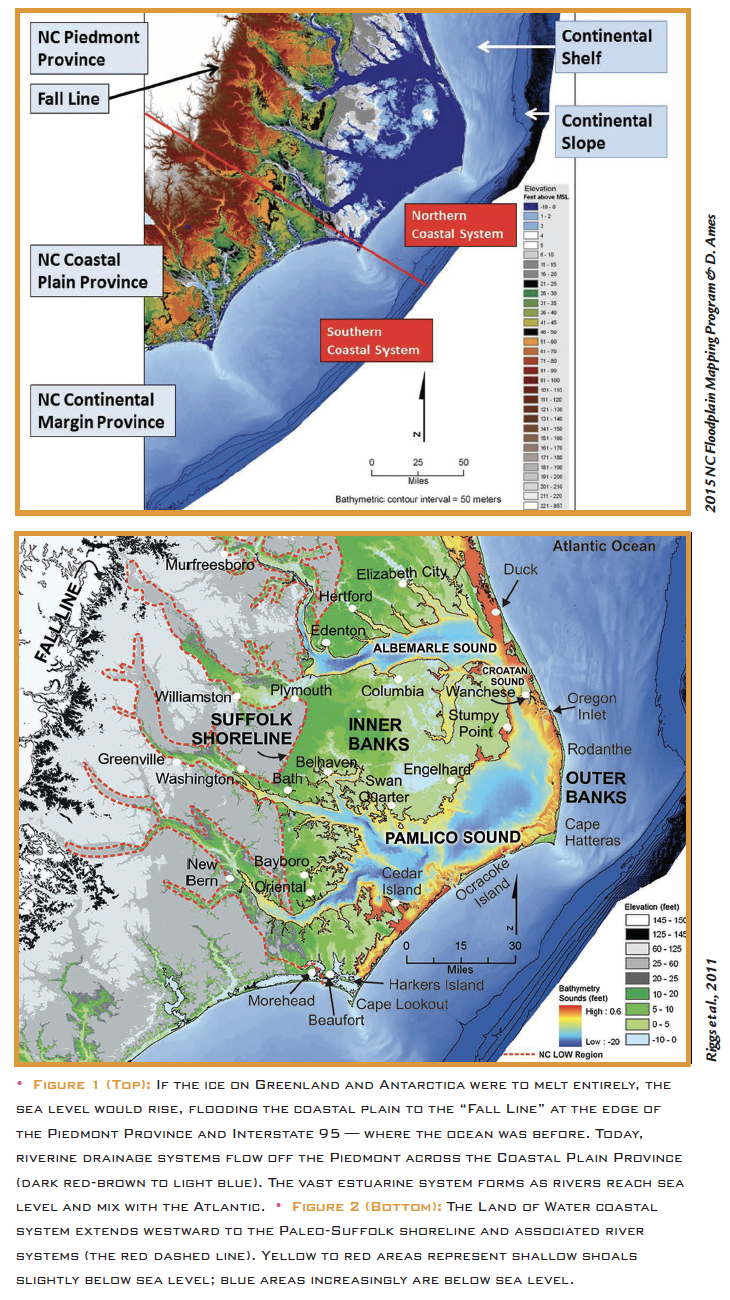 • Figure 1 (Top): If the ice on Greenland and Antarctica were to melt entirely, the sea level would rise, flooding the coastal plain to the “Fall Line” at the edge of the Piedmont Province and Interstate 95 — where the ocean was before. Today, riverine drainage systems flow off the Piedmont across the Coastal Plain Province (dark red-brown to light blue). The vast estuarine system forms as rivers reach sea level and mix with the Atlantic. • Figure 2 (Bottom): The Land of Water coastal system extends westward to the Paleo-Suffolk shoreline and associated river systems (the red dashed line). Yellow to red areas represent shallow shoals slightly below sea level; blue areas increasingly are below sea level.
