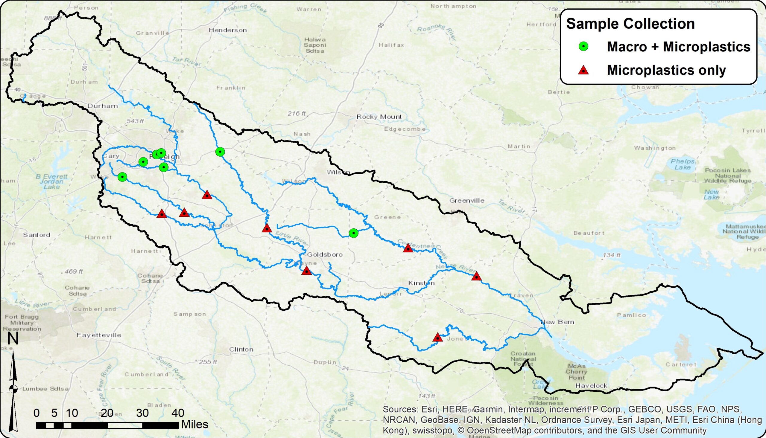 A map featuring 15 sites within the Neuse River basin that are part of a study into plastic loading into Pamlico Sound. 