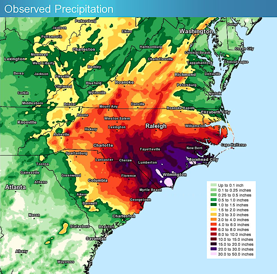 Wilmington was ground zero for Florence’s deluge, but measuring precipitation is far easier than understanding the fallout from flooding for a marginalized community. Credit: NWS