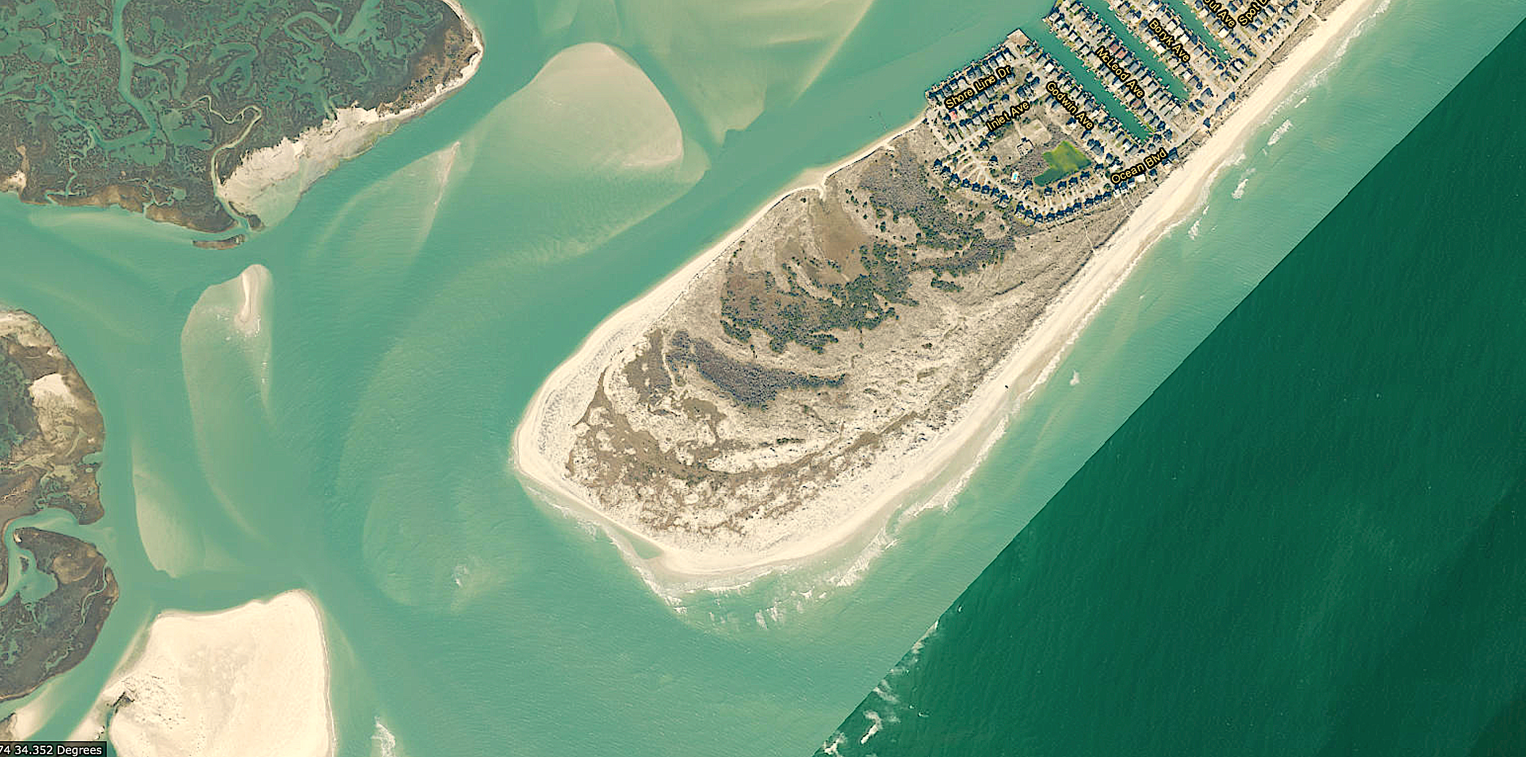 Forty-two years ago, Rogers predicted that the dune on the south end of Topsail Island would continue to move -- and that inlet has continued southward at about 90 feet per year. Credit: NCDOT.