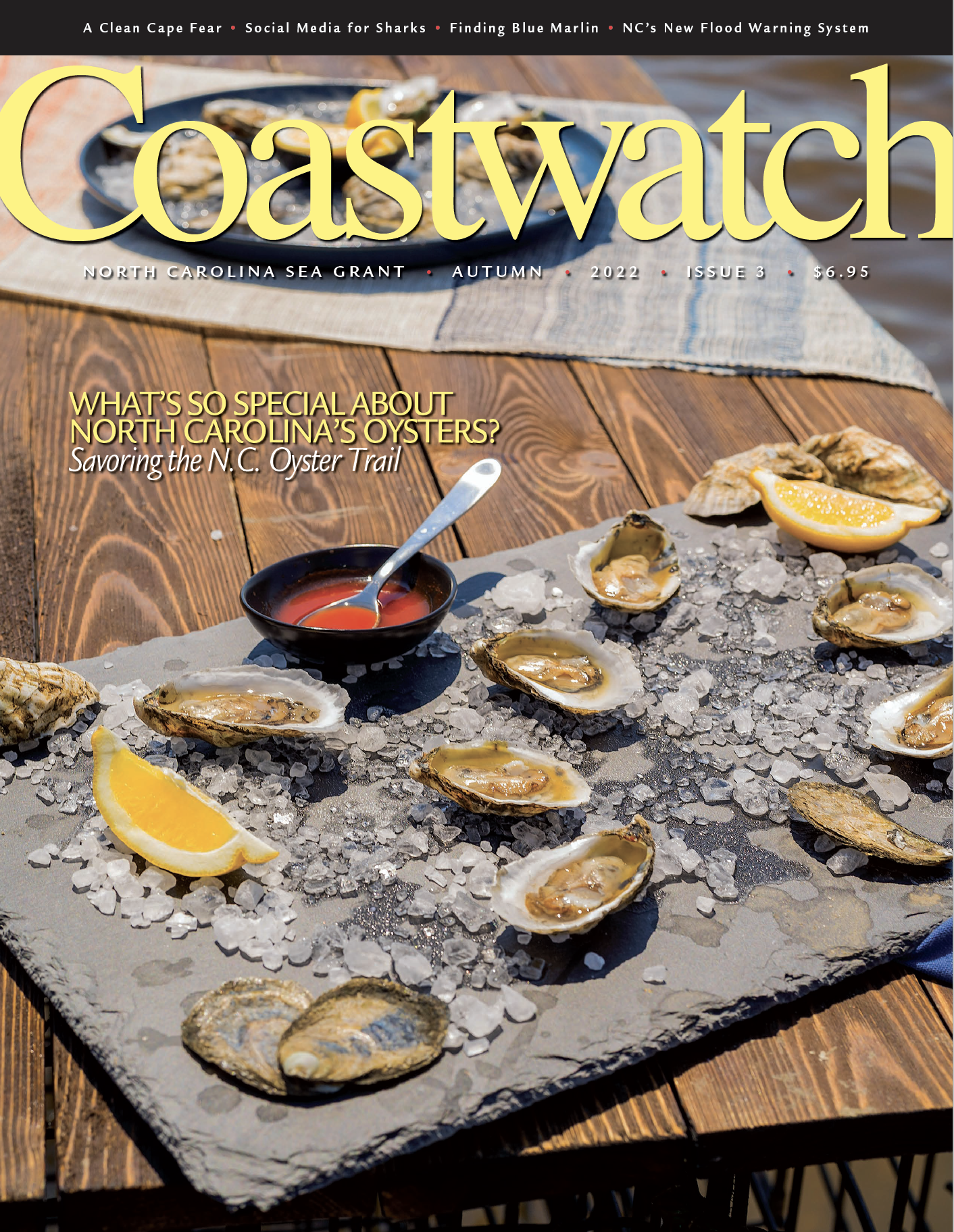 image: oyster spread on the Fall 2022 Coastwatch cover.