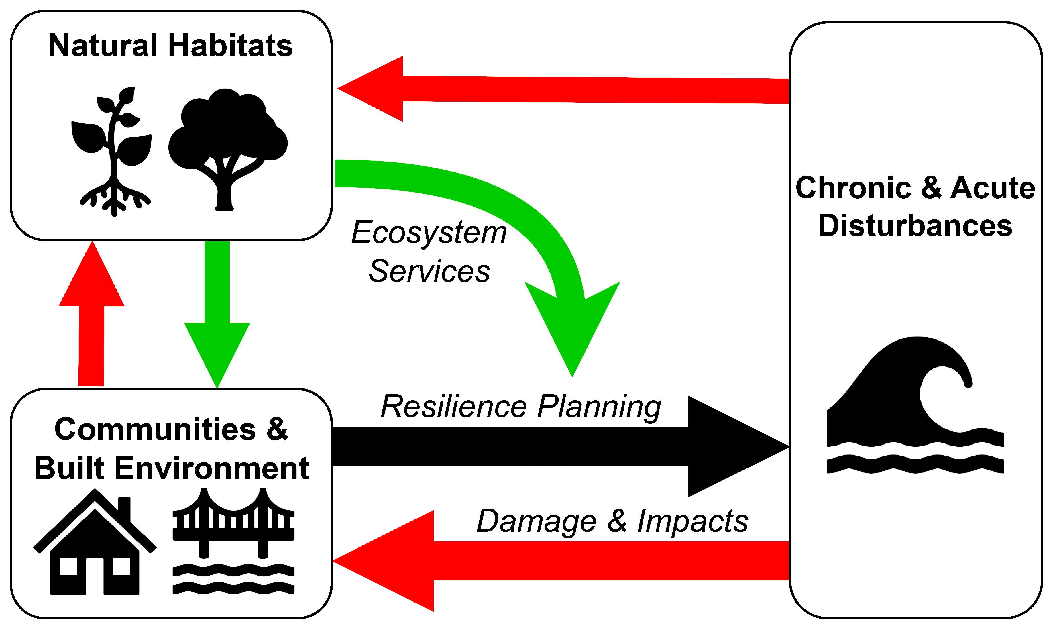 image: a graphic with arrows showing how stormwater impacts communities, natural habitats, ecosystem services.
