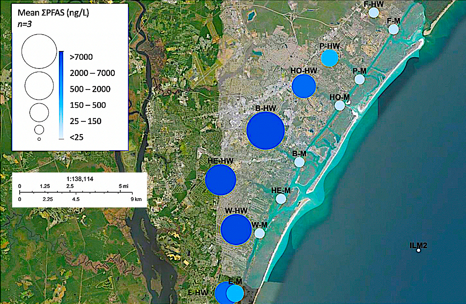 image: map showing tidal creek sampling locations, and one off-shore sampling location.
