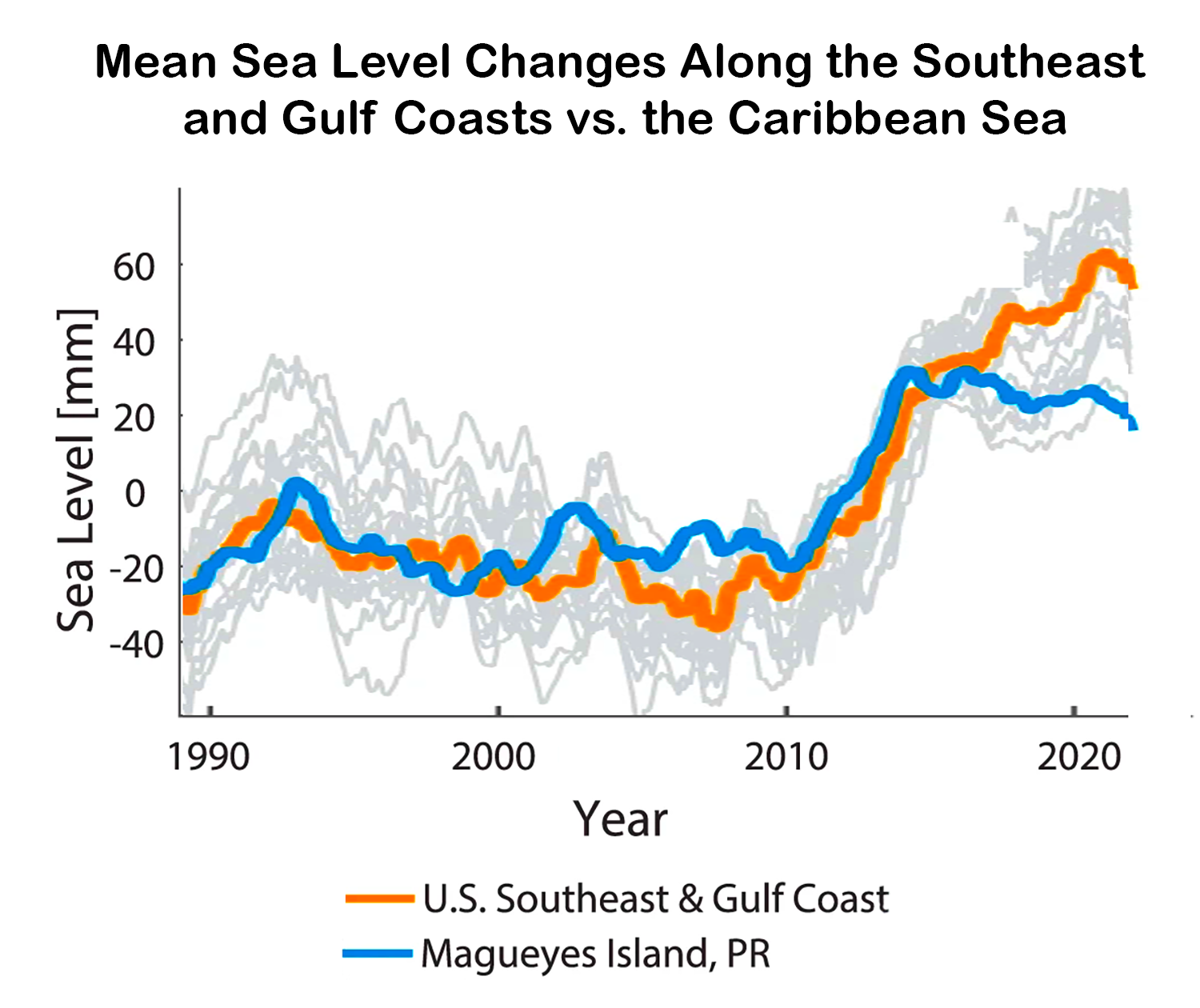 graph: mean sea level changes along the Southeast and Gulf Coasts versus the Caribbean Sea.