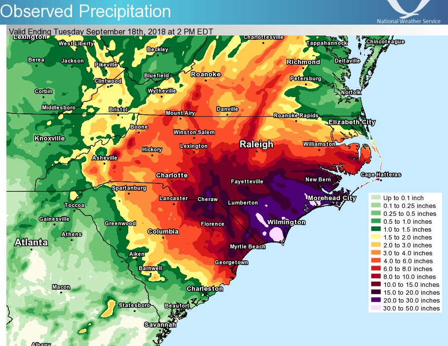 Map of precipitation across North Carolina after Hurricane Florence.