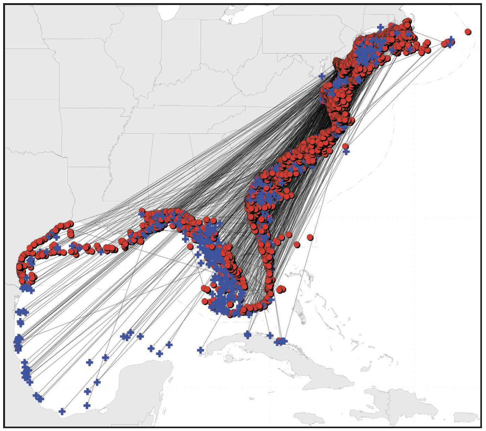 map: shark tagging and recaptures in the Southeast U.S.