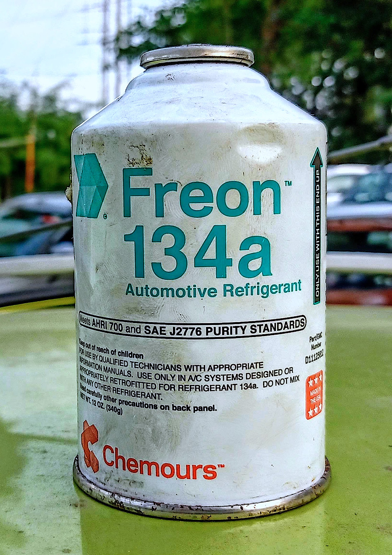 A can of Freon 134a, an automotive refrigerant produced by Chemours.