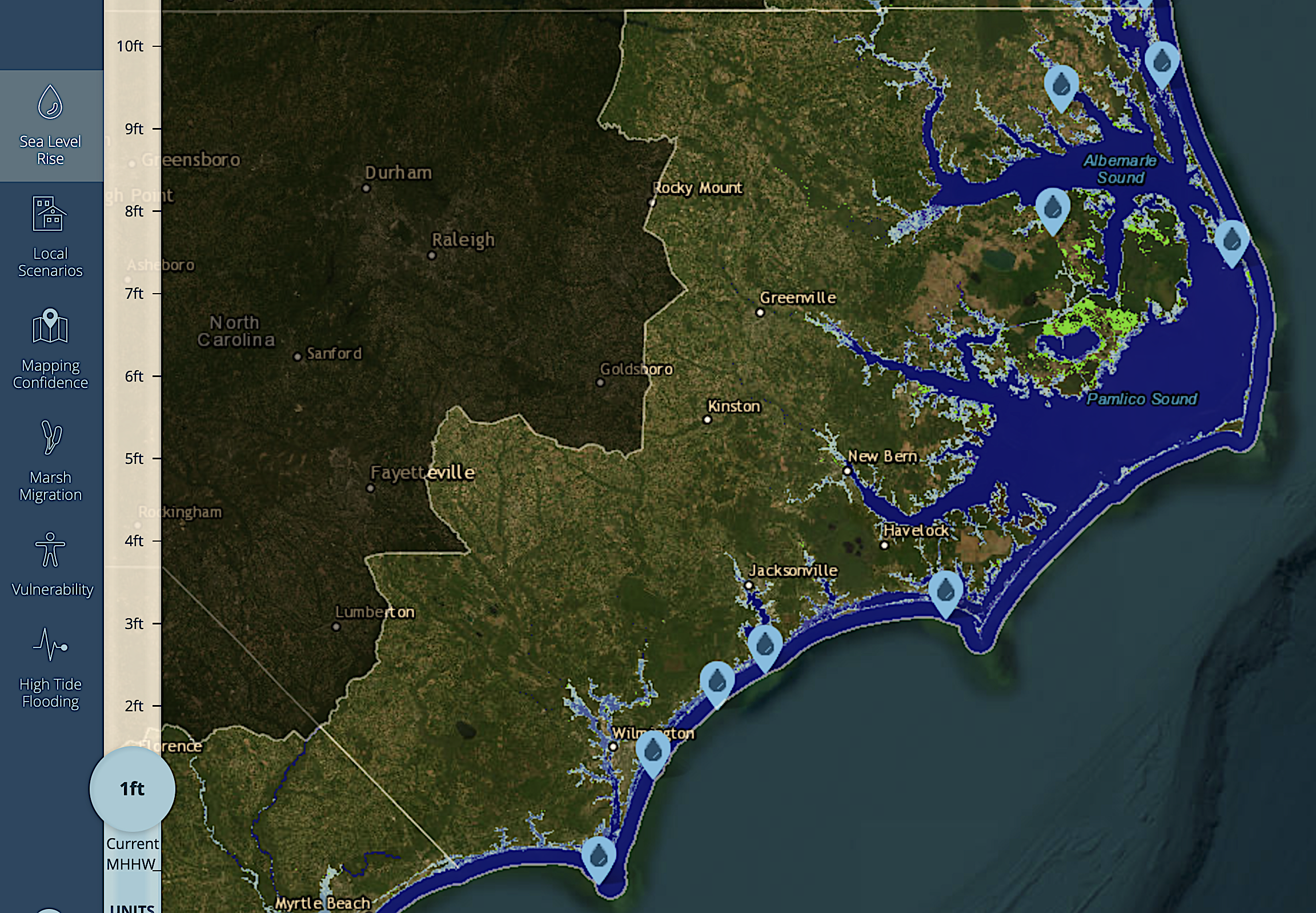 image: still from NOAA's interactive sea level rise map.