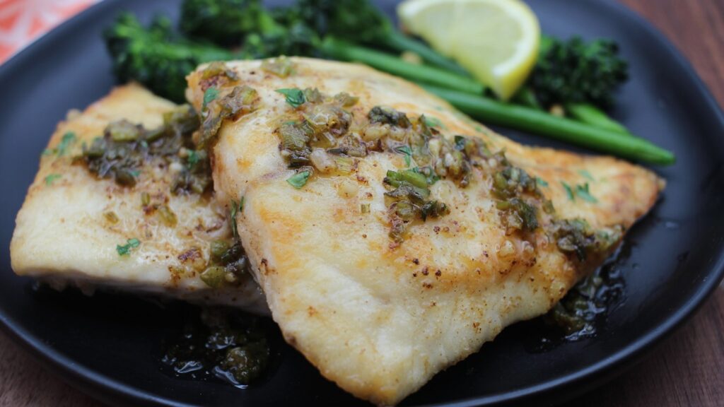 Sautéed Striped Bass with Garlic Butter Mariner's Menu