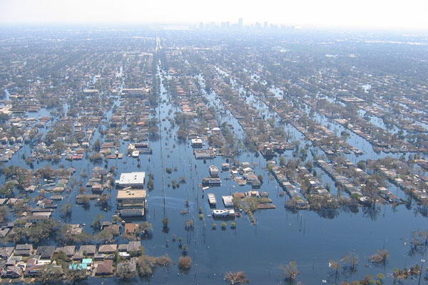 Aerial view of flooded New Orleans after Hurricane Katrina. The Lower 9th Ward in New Orleans flooded after Hurricane Katrina. Photo by Lieut. Commander Mark Moran, NOAA Corps, NMAO/AOC.