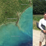 A satellite image of the coast and another image of two students with a drone
