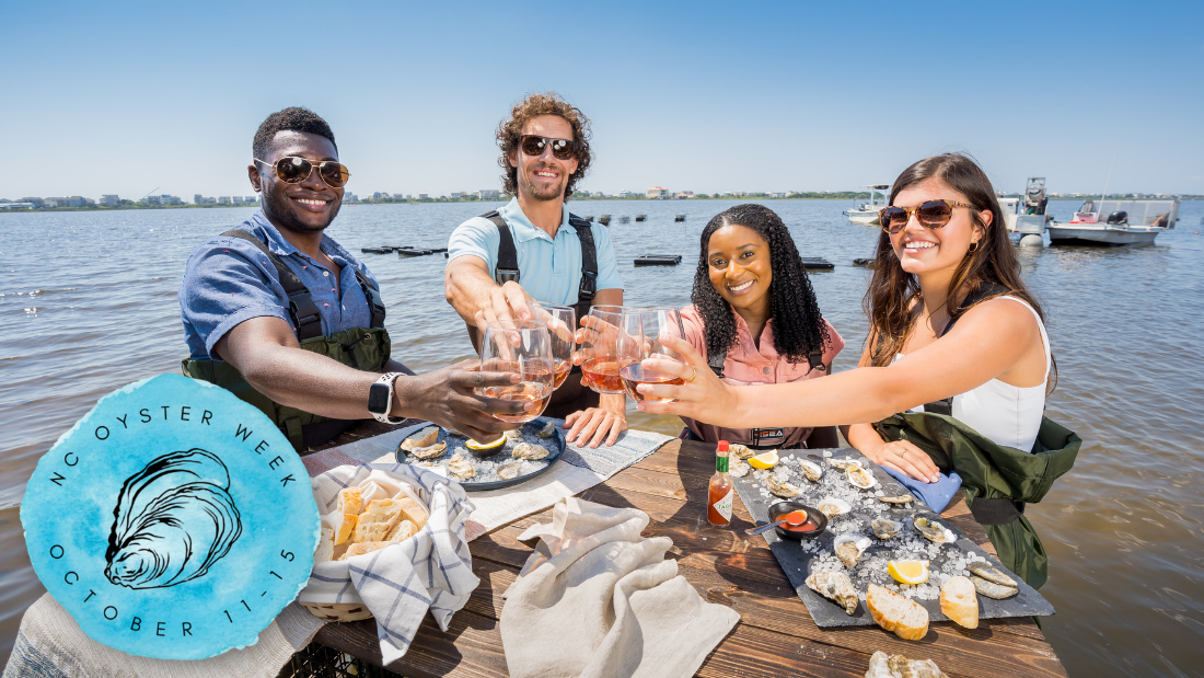 Four people enjoy N.C. oysters on the half shell and wine in Stump Sound, North Carolina. Photo by Justin Kase Conder.