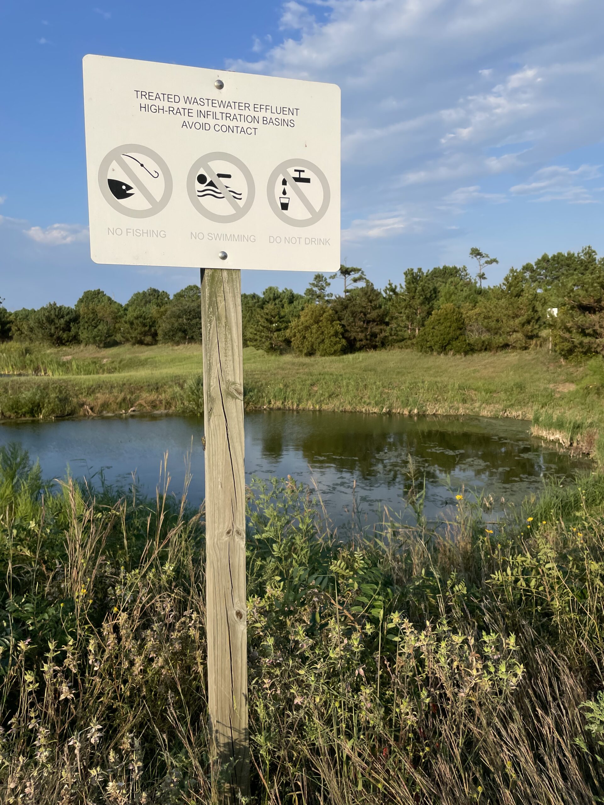 A white sign warning not to drink, swim, or fish in front of a small pond