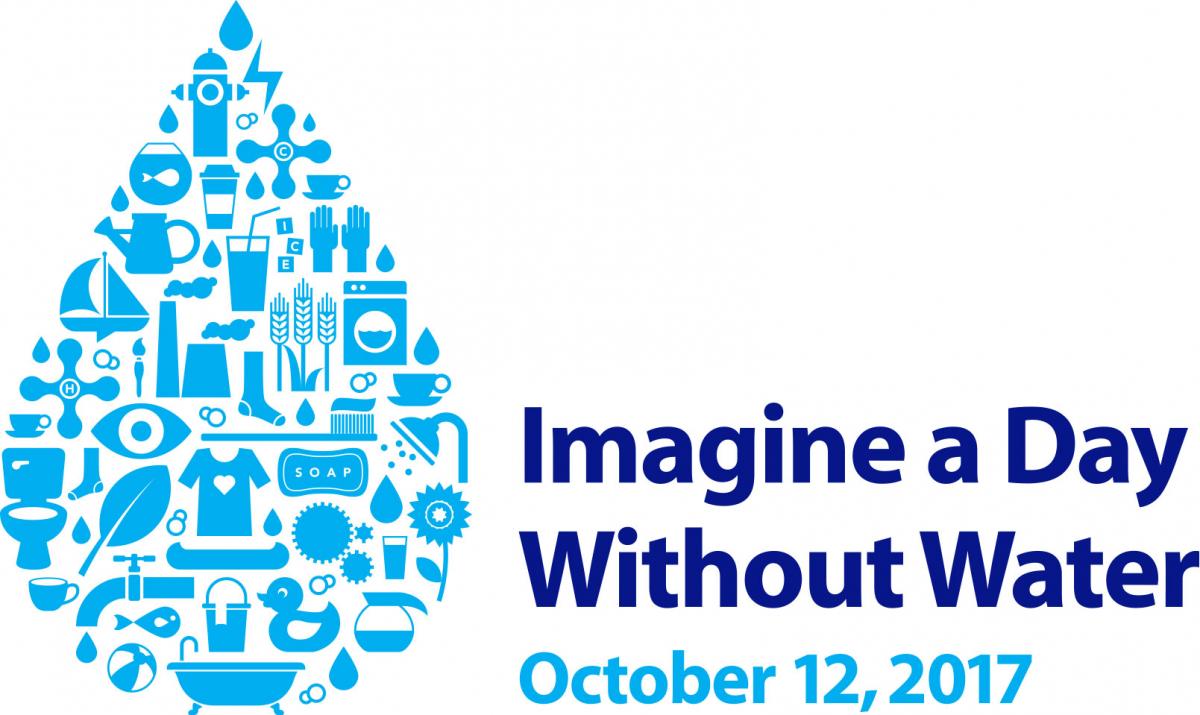 Imagine a Day Without Water logo of water drop made up of pictures of items that use or need water