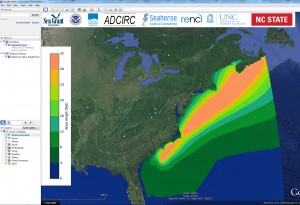 Screen-shot of the visualization (in Google Earth) of maximum wave heights (in feet) in the Atlantic basin predicted by ADCIRC based on NHC Advisory 12 for Hurricane Arthur.